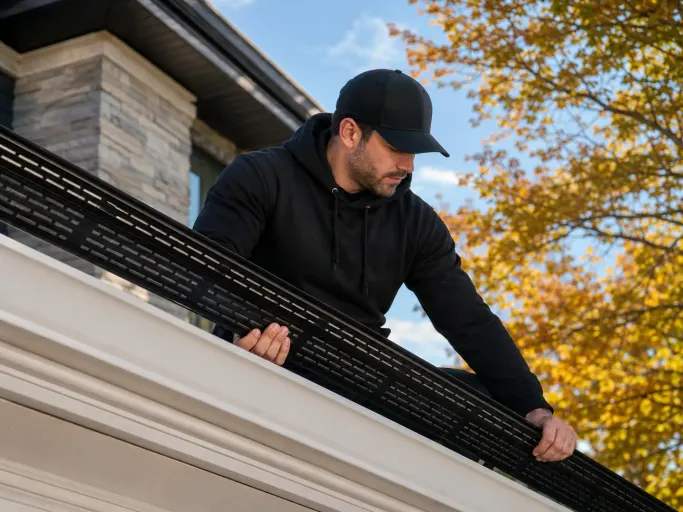 Black aluminum gutter corner detail in the rain